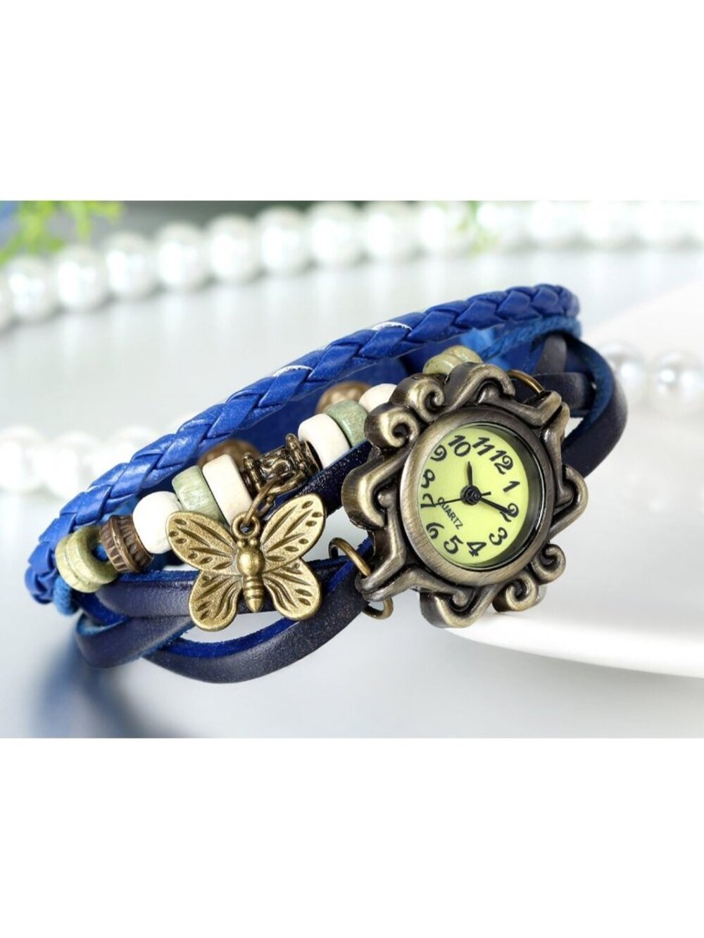 Women's Blue Analog Butterfly Bracelet Weave Wrap Around Leather Wrist Watch - Picture 3 of 6